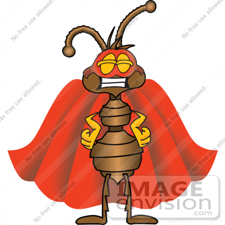 #27512 Clip Art Graphic of a Brown Ant Insect Mascot Character Dressed as a Super Hero by toons4biz