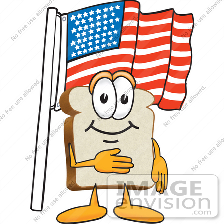 #27515 Clip Art Graphic of a White Bread Slice Mascot Character Standing in Front of an American Flag on Flag Day or the Fourth of July by toons4biz