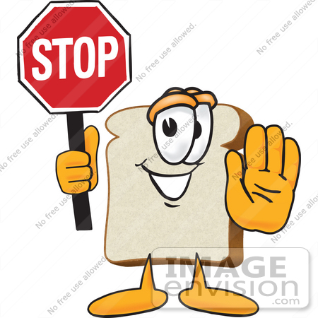 #27522 Clip Art Graphic of a White Bread Slice Mascot Character Holding a Stop Sign by toons4biz