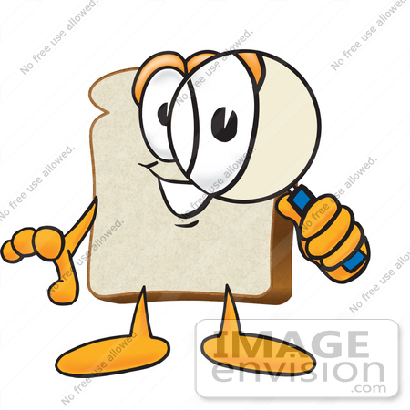 #27524 Clip Art Graphic of a White Bread Slice Mascot Character Looking Through a Magnifying Glass by toons4biz