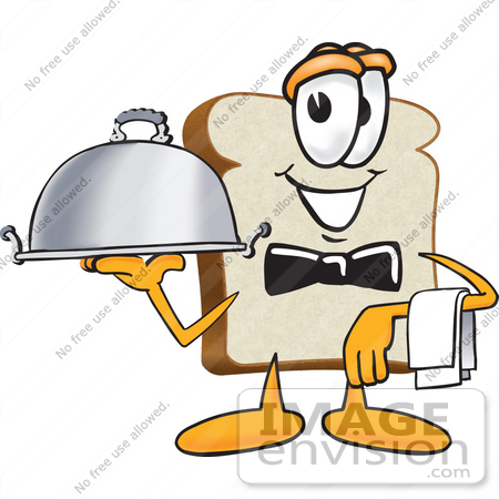 #27527 Clip Art Graphic of a White Bread Slice Mascot Character Serving a Food Platter While Waiting Tables by toons4biz