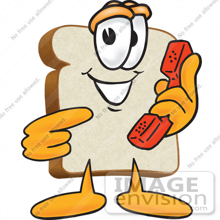 #27536 Clip Art Graphic of a White Bread Slice Mascot Character Holding a Red Telephone Receiver by toons4biz