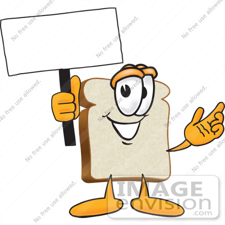 #27539 Clip Art Graphic of a White Bread Slice Mascot Character Holding a Blank White Advertisement Sign by toons4biz