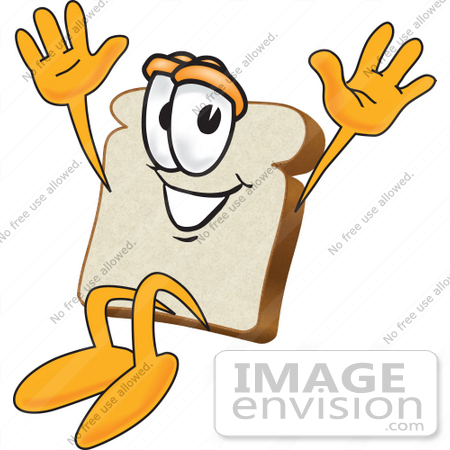 #27541 Clip Art Graphic of a Happy White Bread Slice Mascot Character Jumping by toons4biz