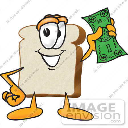 #27542 Clip Art Graphic of a White Bread Slice Mascot Character Waving Green Cash by toons4biz