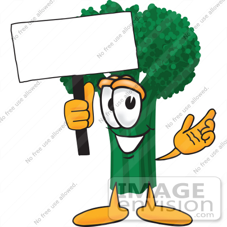 #27555 Clip Art Graphic of a Broccoli Mascot Character Waving a Blank White Advertisement Sign by toons4biz
