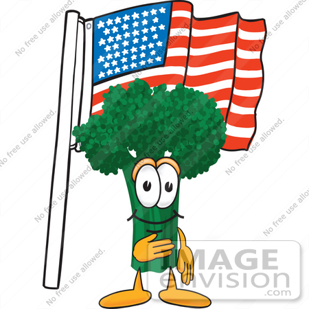 #27562 Clip Art Graphic of a Broccoli Mascot Character Pledging Allegiance to an American Flag by toons4biz