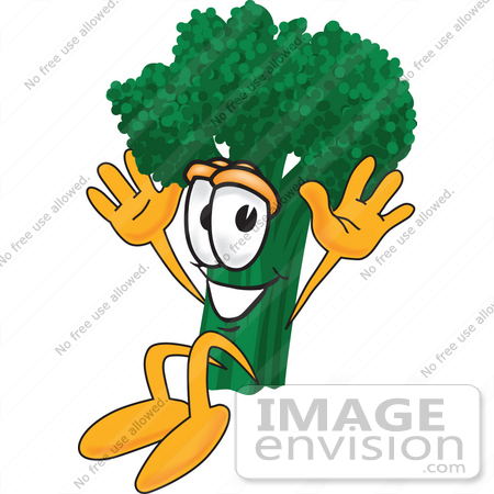 #27570 Clip Art Graphic of a Broccoli Mascot Character Jumping Excitedly by toons4biz