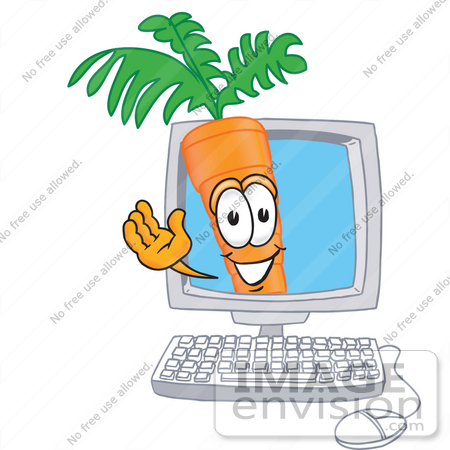 #27579 Clip Art Graphic of an Organic Veggie Carrot Mascot Character Waving From Inside a Computer Screen by toons4biz