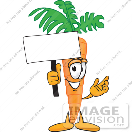 #27599 Clip Art Graphic of an Organic Veggie Carrot Mascot Character Holding up a Blank White Advertisement Sign by toons4biz