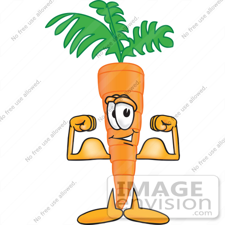 #27601 Clip Art Graphic of an Organic Veggie Carrot Mascot Character Showing Off His Strength While Flexing His Strong Bicep Arm Muscles by toons4biz