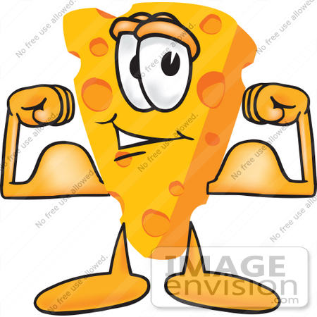 #27606 Clip Art Graphic of a Swiss Cheese Wedge Mascot Character Flexing His Arm Muscles by toons4biz