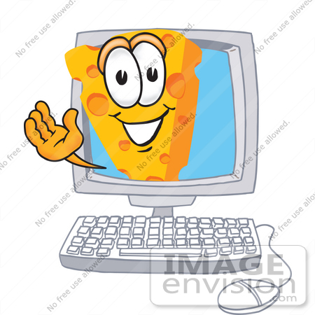 #27608 Clip Art Graphic of a Swiss Cheese Wedge Mascot Character Waving From Inside a Computer Screen by toons4biz