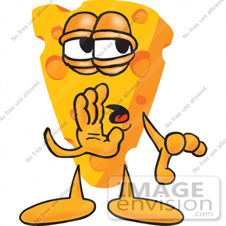 #27611 Clip Art Graphic of a Swiss Cheese Wedge Mascot Character Whispering and Telling a Secret by toons4biz