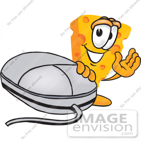 #27616 Clip Art Graphic of a Swiss Cheese Wedge Mascot Character Waving and Standing by a Computer Mouse by toons4biz