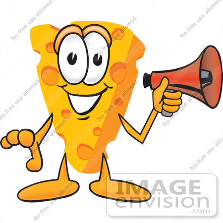 #27617 Clip Art Graphic of a Swiss Cheese Wedge Mascot Character Holding a Red Megaphone Bullhorn by toons4biz