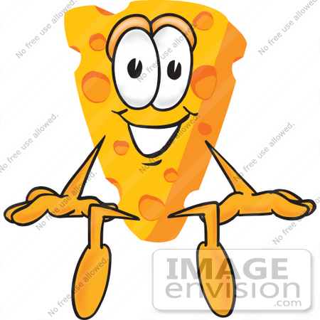 #27620 Clip Art Graphic of a Swiss Cheese Wedge Mascot Character Sitting by toons4biz