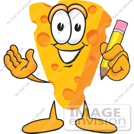 #27624 Clip Art Graphic of a Swiss Cheese Wedge Mascot Character Holding a Yellow Number 2 Pencil by toons4biz