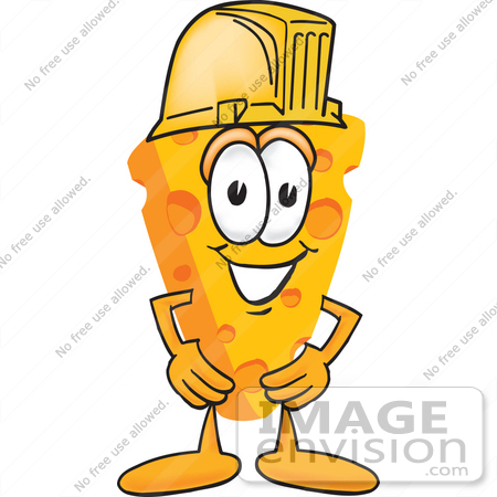 #27625 Clip Art Graphic of a Swiss Cheese Wedge Mascot Character Wearing a Yellow Hardhat by toons4biz