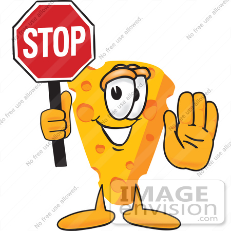#27630 Clip Art Graphic of a Swiss Cheese Wedge Mascot Character Holding a Stop Sign by toons4biz
