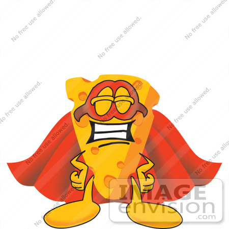 #27631 Clip Art Graphic of a Swiss Cheese Wedge Mascot Character in a Super Hero Cape and Mask by toons4biz