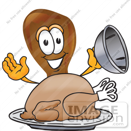#27647 Clip Art Graphic of a Chicken Drumstick Mascot Character Serving a Thanksgiving Turkey on a Platter by toons4biz