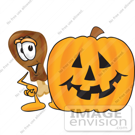 #27672 Clip Art Graphic of a Chicken Drumstick Mascot Character With a Carved Halloween Pumpkin by toons4biz