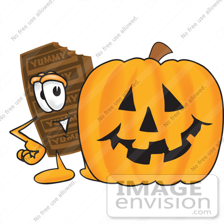 #27673 Clip Art Graphic of a Chocolate Candy Bar Mascot Character With a Carved Halloween Pumpkin by toons4biz