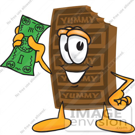 #27674 Clip Art Graphic of a Chocolate Candy Bar Mascot Character Holding a Dollar Bill by toons4biz