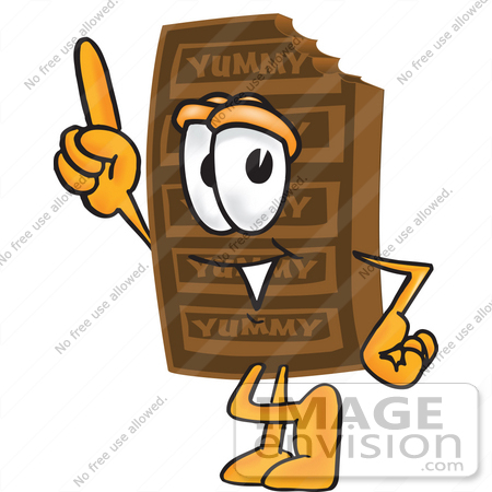 #27676 Clip Art Graphic of a Chocolate Candy Bar Mascot Character Pointing Upwards by toons4biz
