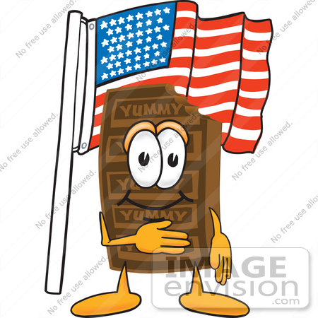 #27681 Clip Art Graphic of a Chocolate Candy Bar Mascot Character Pledging Allegiance to an American Flag by toons4biz