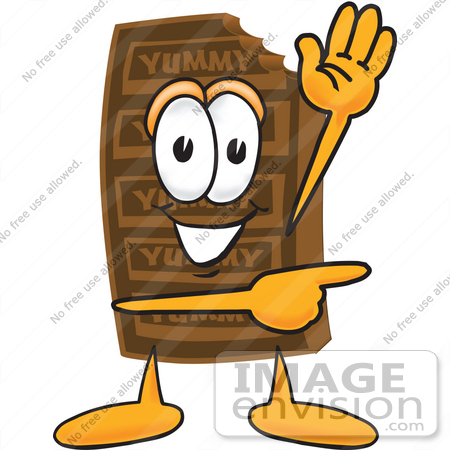 #27685 Clip Art Graphic of a Chocolate Candy Bar Mascot Character Waving and Pointing by toons4biz