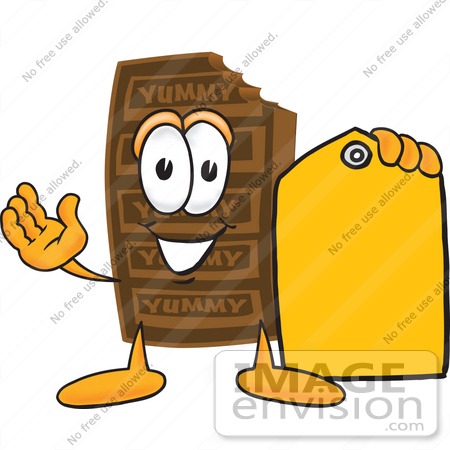 #27689 Clip Art Graphic of a Chocolate Candy Bar Mascot Character Holding a Yellow Sales Price Tag by toons4biz