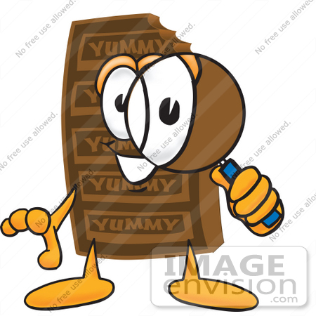 #27695 Clip Art Graphic of a Chocolate Candy Bar Mascot Character Looking Through a Magnifying Glass by toons4biz