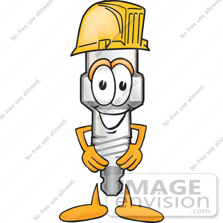 #27707 Clip Art Graphic of a Spark Plug Mascot Character Wearing a Hardhat Helmet by toons4biz