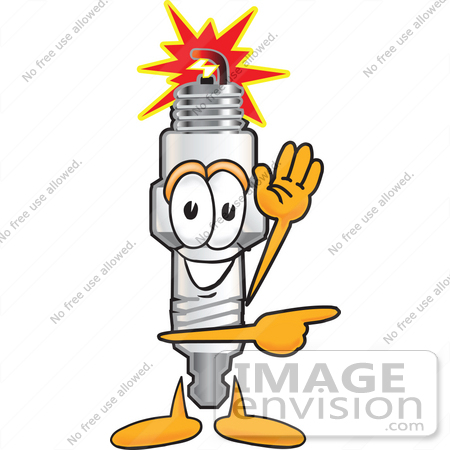 #27711 Clip Art Graphic of a Spark Plug Mascot Character Waving and Pointing by toons4biz