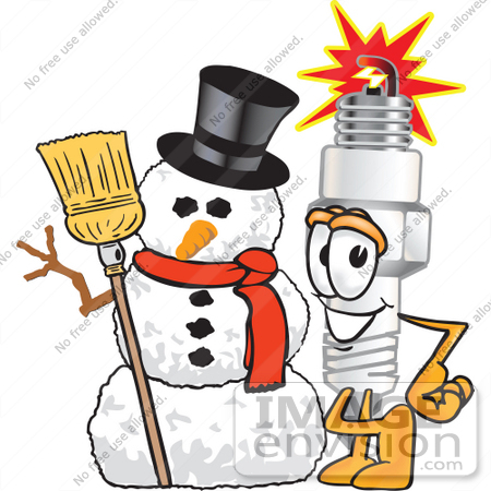 #27721 Clip Art Graphic of a Spark Plug Mascot Character With a Snowman on Christmas by toons4biz