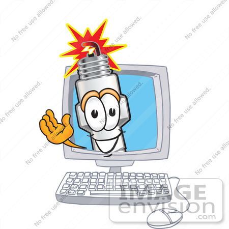 #27726 Clip Art Graphic of a Spark Plug Mascot Character Waving From Inside a Computer Screen by toons4biz