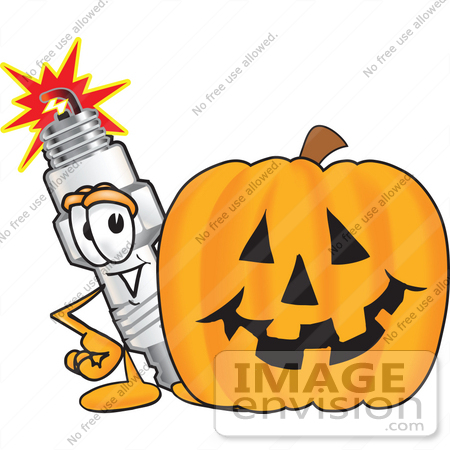 #27729 Clip Art Graphic of a Spark Plug Mascot Character With a Carved Halloween Pumpkin by toons4biz