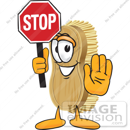 #27732 Clip Art Graphic of a Scrub Brush Mascot Character Holding a Stop Sign by toons4biz