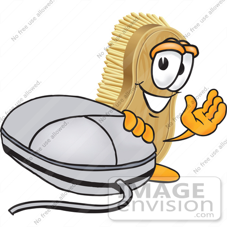 #27741 Clip Art Graphic of a Scrub Brush Mascot Character Waving and Standing by a Computer Mouse by toons4biz