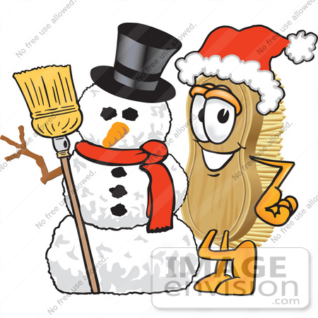 #27743 Clip Art Graphic of a Scrub Brush Mascot Character Wearing a Santa Hat and Standing With a Snowman by toons4biz