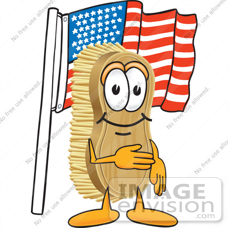 #27744 Clip Art Graphic of a Scrub Brush Mascot Character Pledging Allegiance to the American Flag by toons4biz