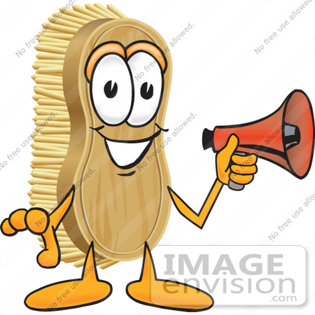 #27746 Clip Art Graphic of a Scrub Brush Mascot Character Holding a Red Megaphone Bullhorn by toons4biz
