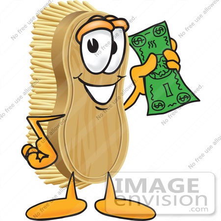 #27749 Clip Art Graphic of a Scrub Brush Mascot Character Waving Cash in the Air by toons4biz