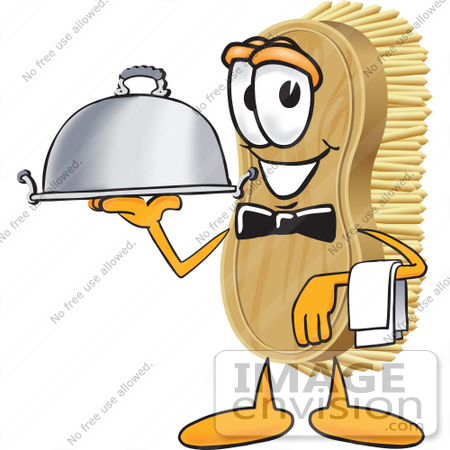 #27757 Clip Art Graphic of a Scrub Brush Mascot Character Serving a Dinner Platter While Waiting Tables by toons4biz