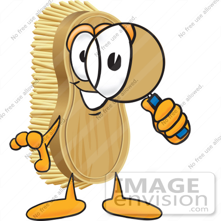 #27758 Clip Art Graphic of a Scrub Brush Mascot Character Looking Through a Magnifying Glass by toons4biz