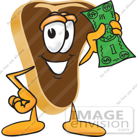 #27763 Clip Art Graphic of a Beef Steak Meat Mascot Character Waving a Green Dollar Bill by toons4biz