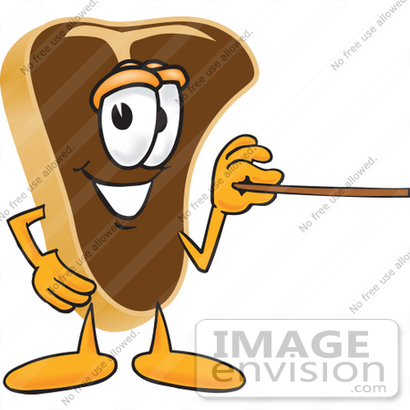 #27773 Clip Art Graphic of a Beef Steak Meat Mascot Character Using a Pointer Stick by toons4biz