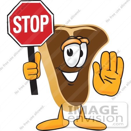 #27776 Clip Art Graphic of a Beef Steak Meat Mascot Character Holding a Stop Sign by toons4biz